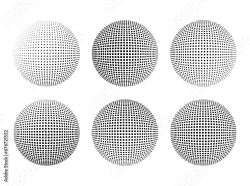 Set of six 3d halftone black dots circle pattern, collection in black