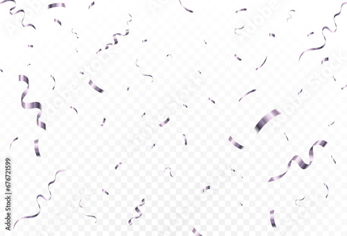 Confetti explosion on transparent background. Shiny purple paper pieces flying and spreading. vector illustration
