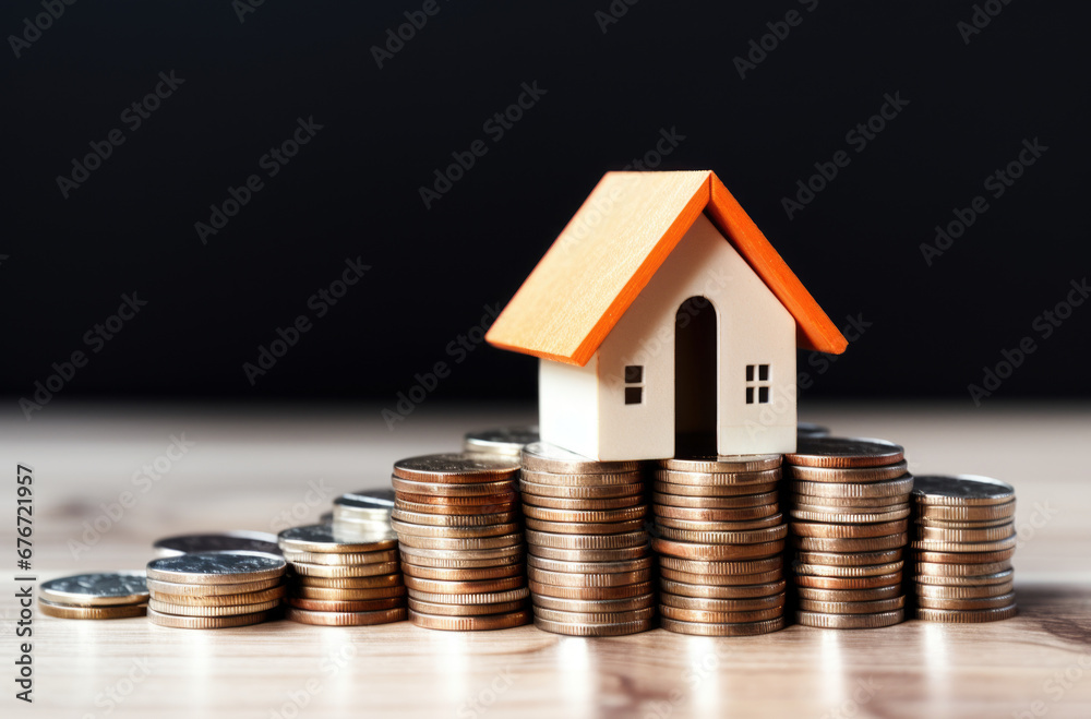 Real estate concept background. House model and coins stack on wooden table, copy space. Real estate concept background. House model and coins stack on wooden table, copy space.