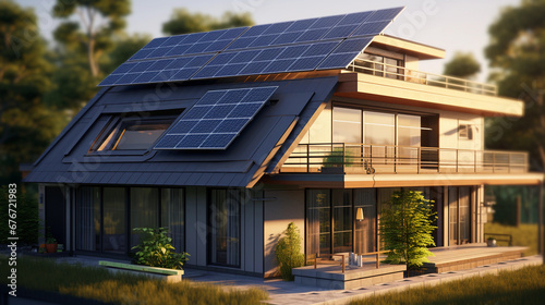 modern family home with solar panels  producing green energy and living autonomously  real estate  carbon neutral sustainable