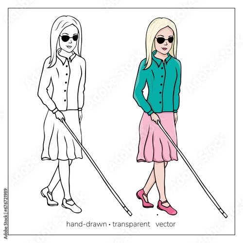 Blind girl walking with a a stick. Help and support for disabled people. Female visually impaired person. Handicapped person with sunglasses and walking cane.