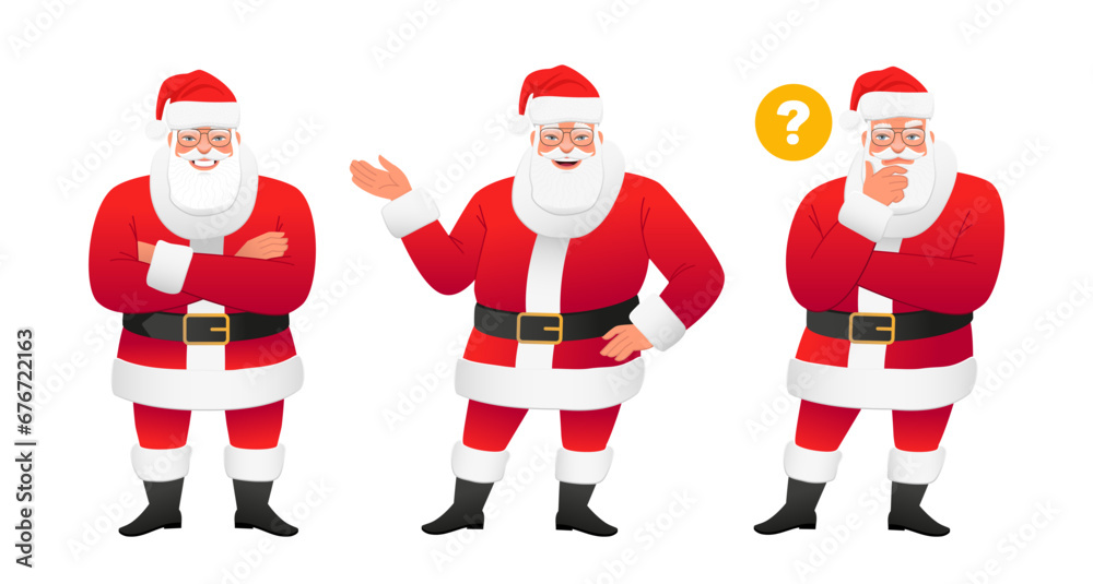 Happy Santa with glasses is standing with his arms crossed, pointing at something with his hand, thinking about something. Happy Santa with glasses is standing with his arms crossed, pointing at something with his hand, thinking about something.