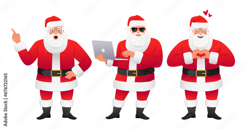 Santa Claus in love folded a heart out of his palms. Santa is standing with a laptop in his hands, pointing at something in surprise. Santa Claus in love folded a heart out of his palms. Santa is standing with a laptop in his hands, pointing at something in surprise.
