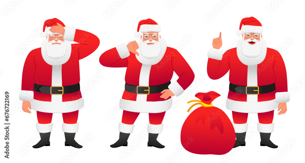 Sad Santa. Santa Claus gestures with a dislike sign. Santa with a big bag of gifts points to something at the top. Sad Santa. Santa Claus gestures with a dislike sign. Santa with a big bag of gifts points to something at the top.