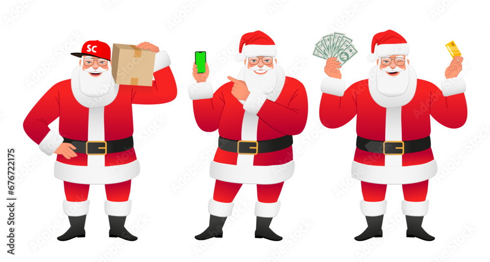 Happy Santa Claus is standing with money and a credit card. A courier in a Santa costume holds a box. Santa Claus points to a mobile phone