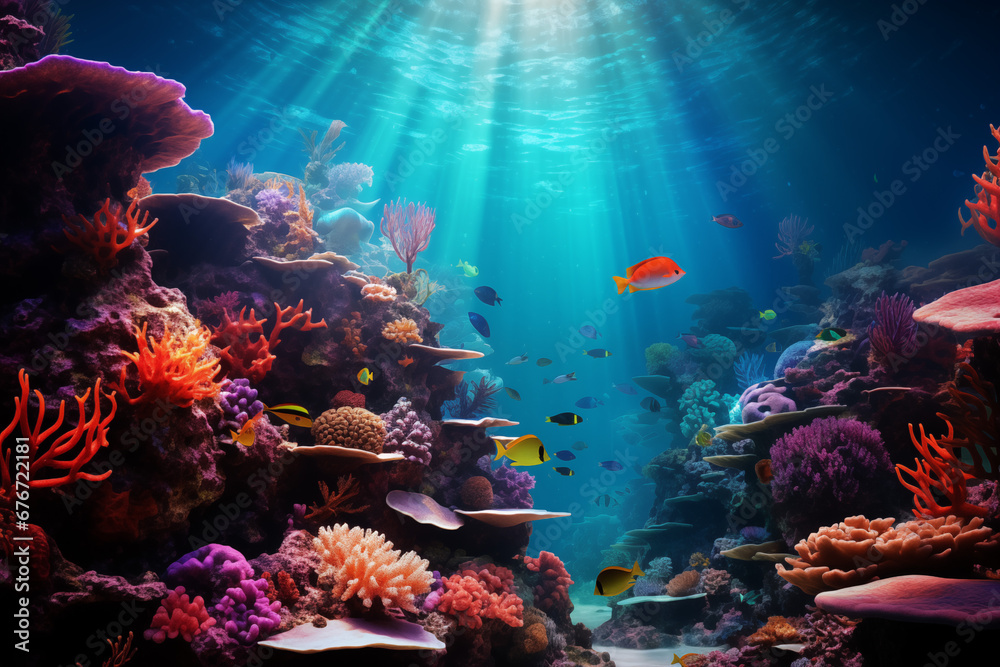 Color photo of an otherworldly underwater scene in the depths of a vibrant coral reef