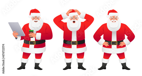 Smiling Santa is standing with a tablet and a glass of coffee. Santa Claus clutched his head in horror. A disgruntled Santa stands with his hands on his hips.
