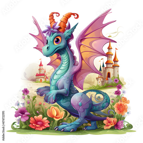 Cute Colorful Dragon In A Fairyland. Illustration On The Theme Of Fairy Tales  Fantasy And Book Illustrations. Generative AI  