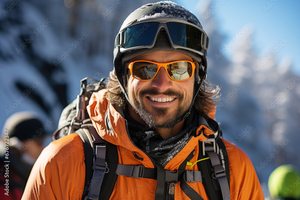 Portrait of happy smiling male tourist climber on a hike in the mountains in winter Portrait of happy smiling male tourist climber on a hike in the mountains in winter