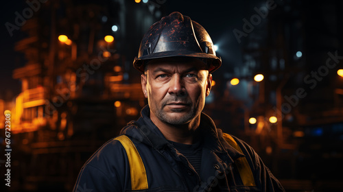 Portrait of the confident oilman worker on Oil rig platform. Power industry, petroleum engineering, technology, oilfield. Nordic sea oil rig background