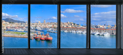 Genoa cityscape in Italy: view of Old Port from window of a cruise ship. photo