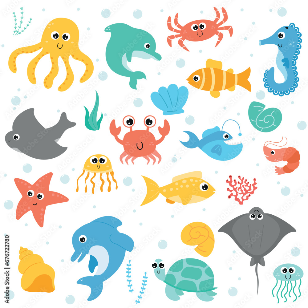 Set with undersea animals. Hand drawn vector sea life collection. Whale, dolphin, shell, starfish, crab, jellyfish, stingray. Set with undersea animals. Hand drawn vector sea life collection. Whale, dolphin, shell, starfish, crab, jellyfish, stingray.