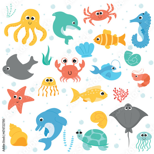 Set with undersea animals. Hand drawn vector sea life collection. Whale, dolphin, shell, starfish, crab, jellyfish, stingray.