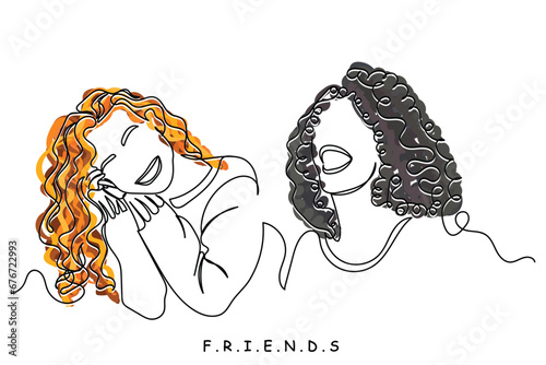 line art of two happy and beautiful women cherishing mutual harmony and bond of friendship. Human solidarity. Respect and tolerance for each other. Peaceful society concept art. Womens day.