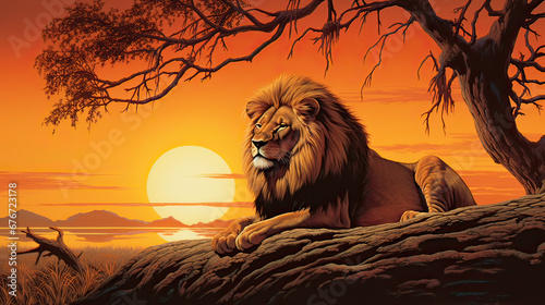 A tranquil moment  lion silhouetted against the radiant glow of a setting sun Ai Generative 