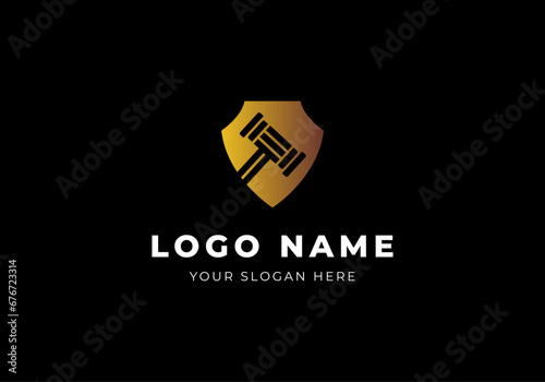 Logo Shield Law Hammer Gold  Modern Minimalist and Luxury Logo Design. Editable File