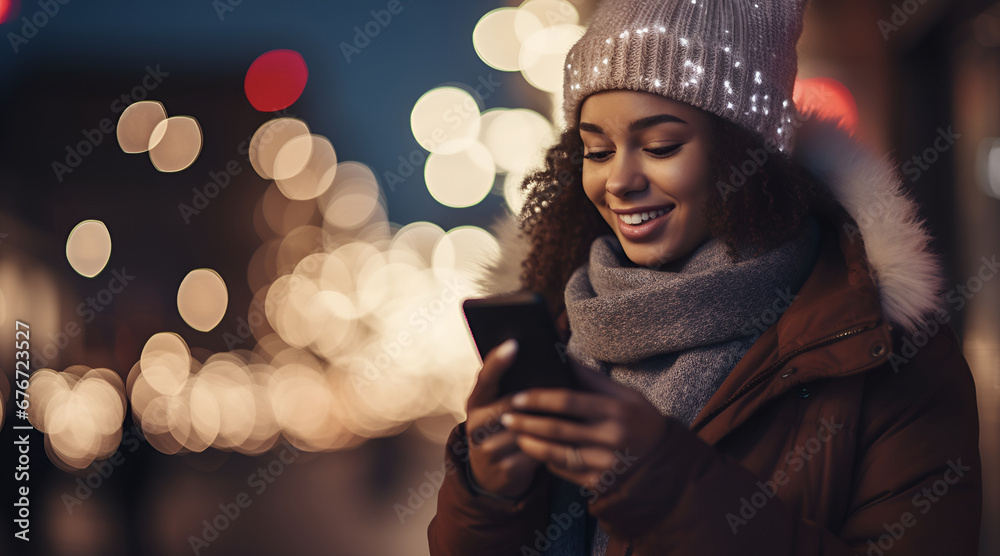 Portrait of a young woman smiling while using a smartphone on the street at night in the background of Christmas lights, bokeh effect