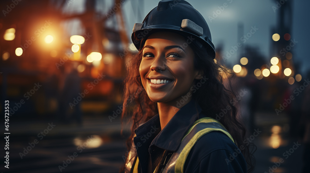 Portrait of the confident female oil worker in an orange vest a white construction helmet, Nordic sea oil rig background. The concept of gender equality Portrait of the confident female oil worker in an orange vest a white construction helmet, Nordic sea oil rig background. The concept of gender equality