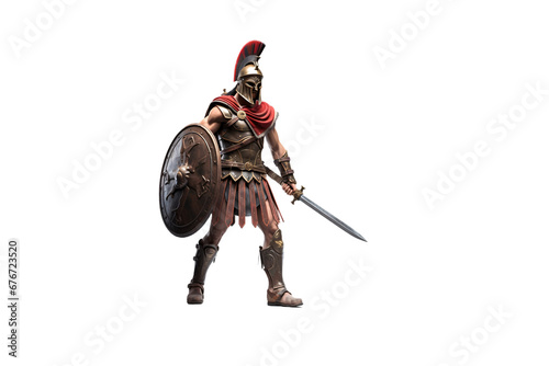 Spartan warrior with sword and shield isolated on white transparent background, ancient Greek military, strong soldier in armor and helmet