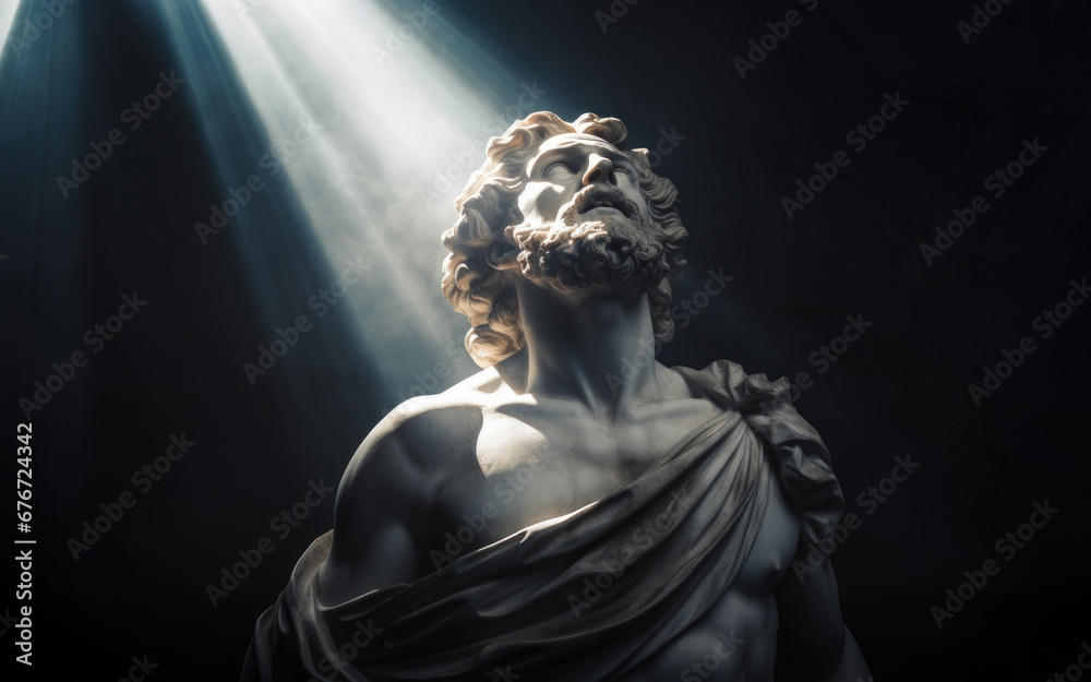 Ancient antique statue of male person in mystical haze on gloomy dark background, beautiful statue of young adult man in aura of beauty and mystery in timeless allure