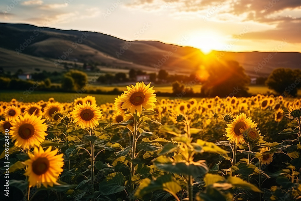 Fototapeta premium Sunflowers field in the italian hill at sunset