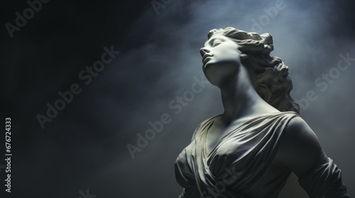 Ancient antique statue of female person in mystical haze on gloomy dark background, beautiful statue of young adult woman in aura of beauty and mystery in timeless allure photo