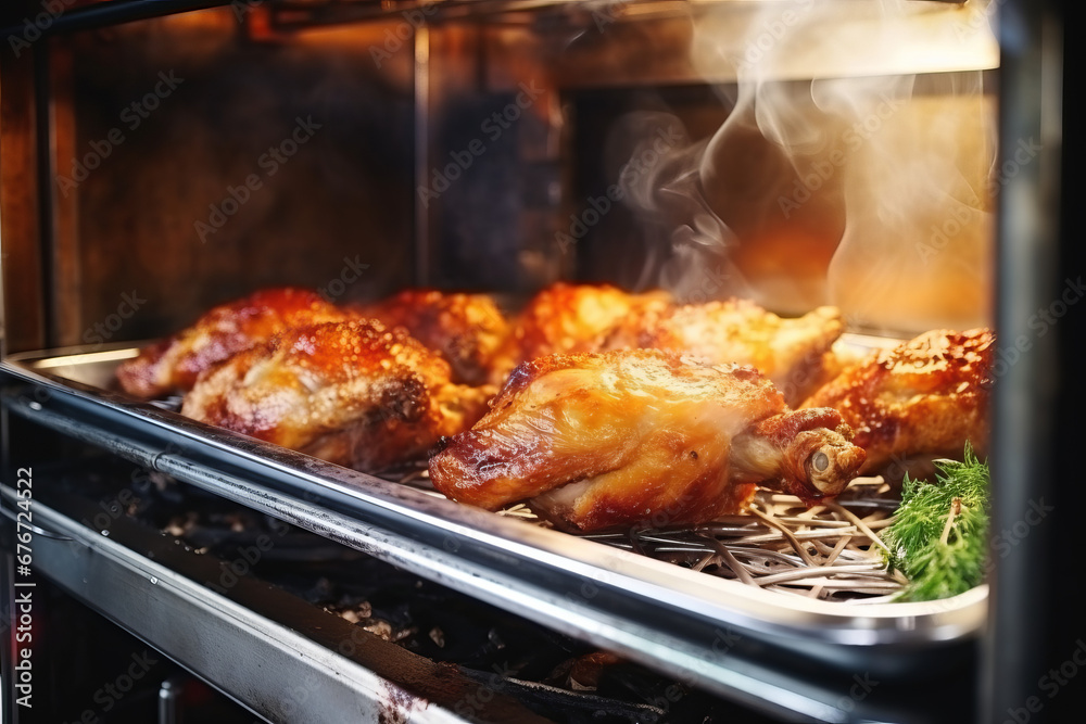 fried chicken carcass lies on a tray in an open oven fried chicken carcass lies on a tray in an open oven