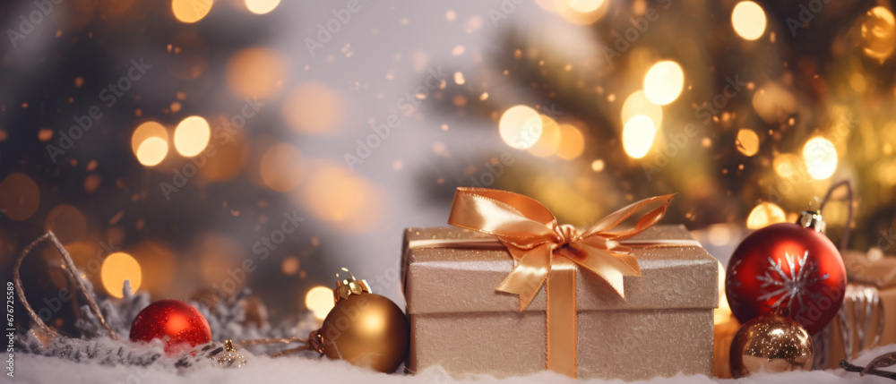 Gift box and christmas ornaments on Christmas tree