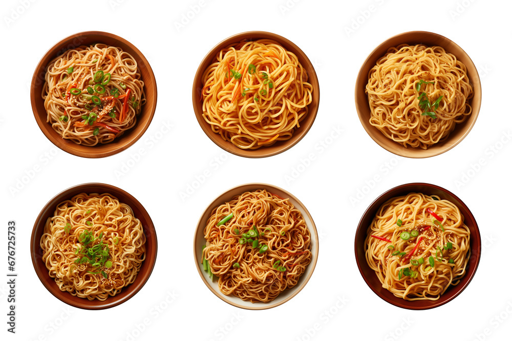 collection set bowl of Chinese noodles isolated on a transparent background, top view collection set bowl of Chinese noodles isolated on a transparent background, top view