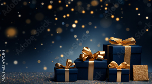 christmas present boxes with gold ribbons on a blue background with gold stars © Sabina Gahramanova