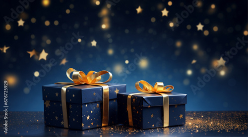 christmas present boxes with gold ribbons on a blue background with gold stars, christmas background with gold presents and starry background © Sabina Gahramanova