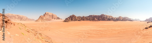 Panoramic view at the Wadi Rum desert rock formation in Jordan