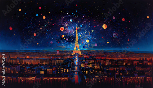 Starry night in the city of Paris