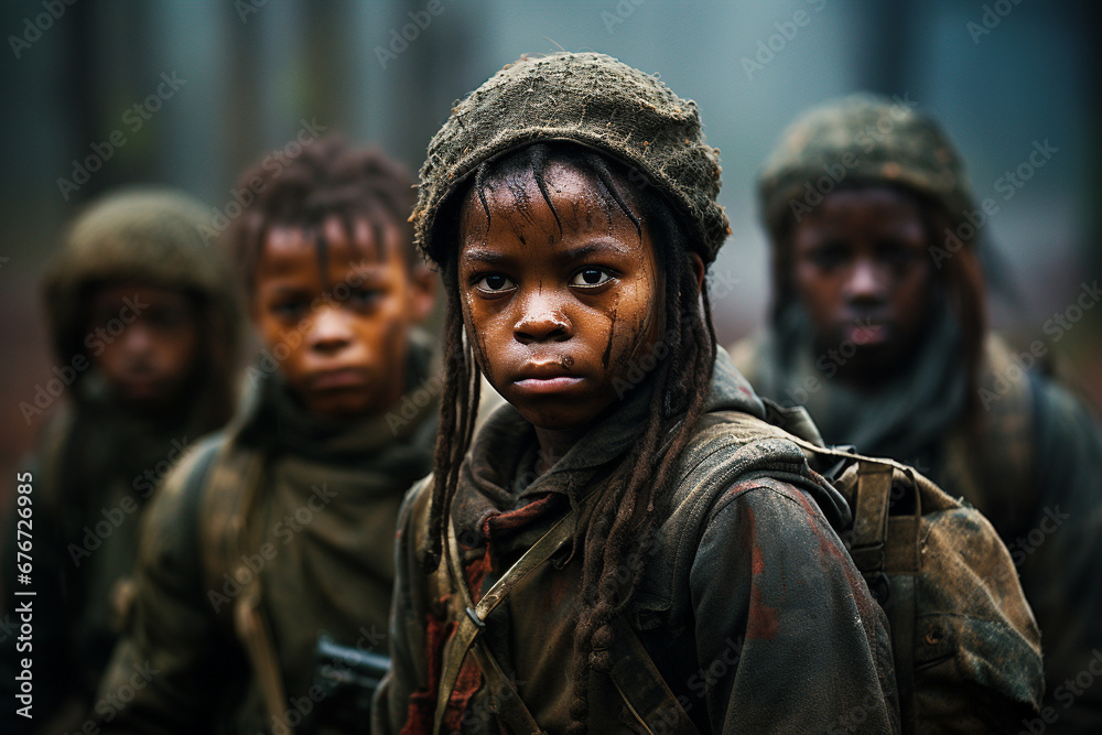 Child soldier, black african boy with dreadlocks in a group with other children, military army clothes and guns 