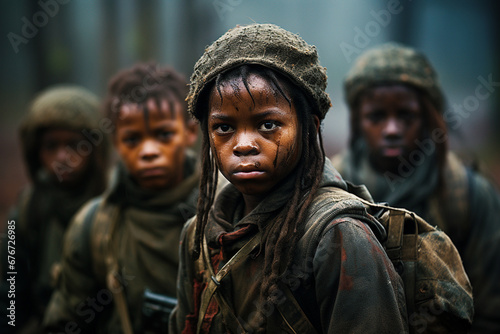 Child soldier, black african boy with dreadlocks in a group with other children, military army clothes and guns 