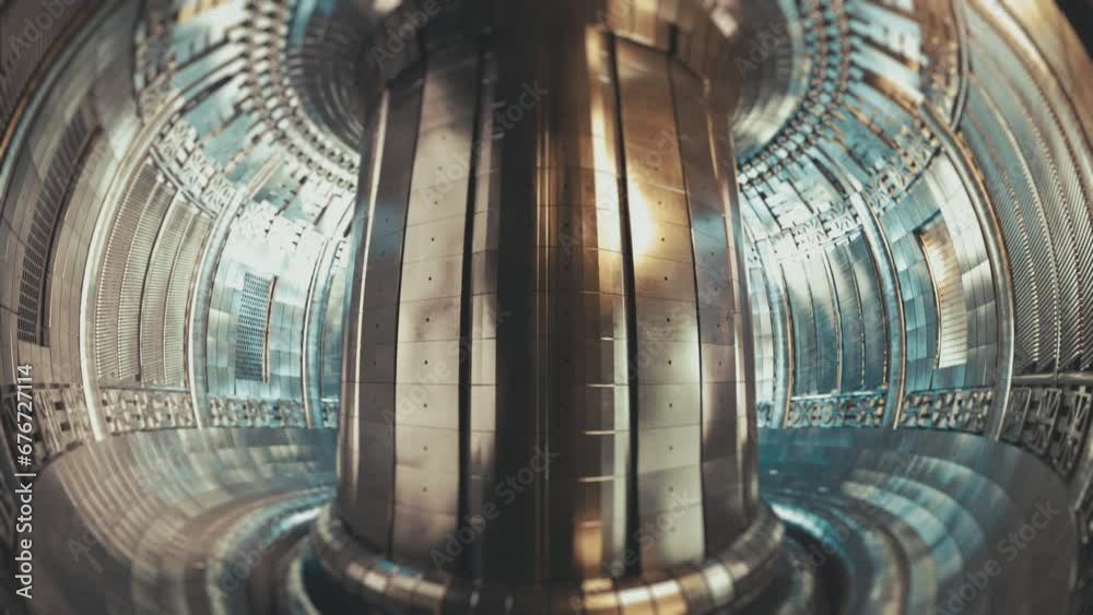 Inside of a fusion reactor. ITER, International fusion reactor, tokamak. Nuclear fusion, clean energy concept. Sci-fi, science fiction. Future of energy. High quality 4k cinematic animation. 