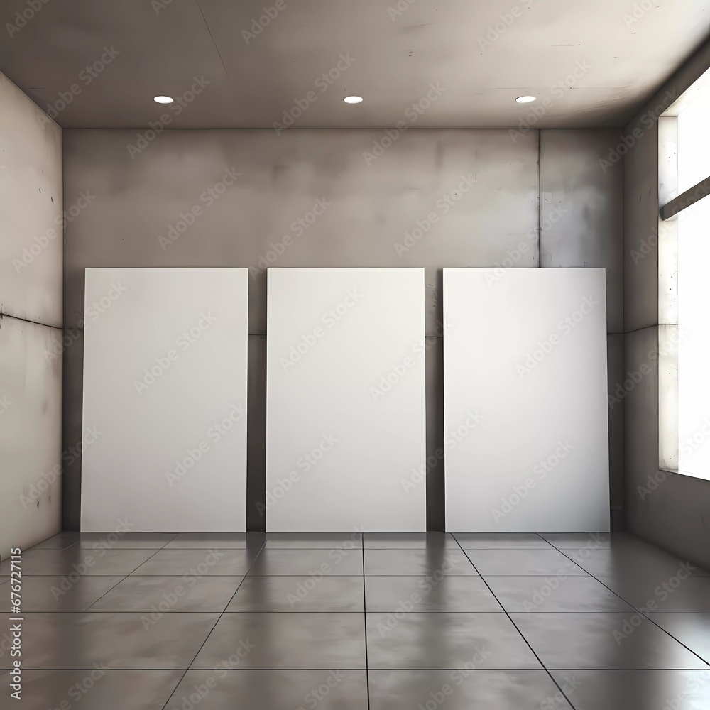 Obraz premium Gray wall with 3 white signboard mockup and copy space background.