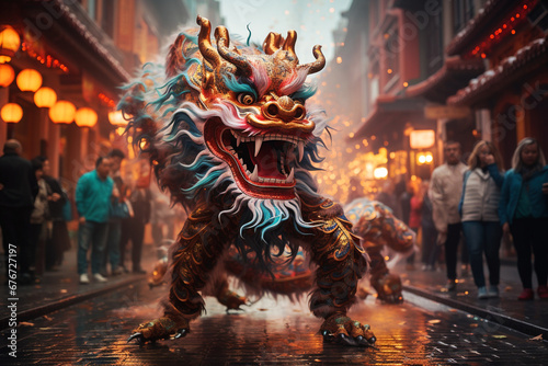 Chinese dragon on the street, celebrate the new year 2024, traditional folklore of China, zodiac symbol for power and success