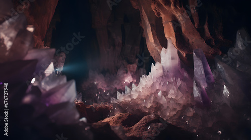 Explore the insides of an amethyst cave and be amazed by the mix of purple and white crystals. The focused light makes it feel like you've found a hidden treasure deep within the Earth. photo