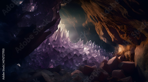 Amethyst cave. Purple and white crystals create a beautiful show of colors. With a focused light, it's like entering a magical world of sparkling gems.