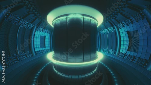 Igniting plasma inside a fusion reactor. Wide shot. ITER, International fusion reactor, tokamak. Nuclear fusion, clean energy concept. Future of energy. High quality 4k cinematic animation. 