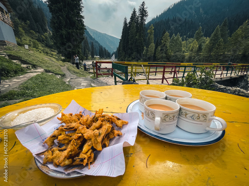 Chai and Pakora at Taobat village, Azad Kashmir, Pakistan. It is the last station in Neelam valley, 39 kilometers from Kel where Neelam River enters Pakistani territory and becomes River Neelum.