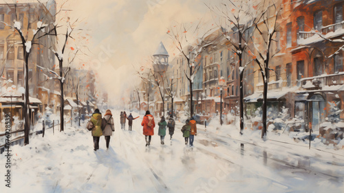 A painting of people walking down a snowy street