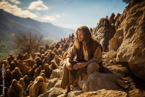 Jesus Christ preaching at the Sermon on the Mount, blessing the poor, the sorrowful and meek, justice, the merciful and peaceable, religion of christianity, bible story photo