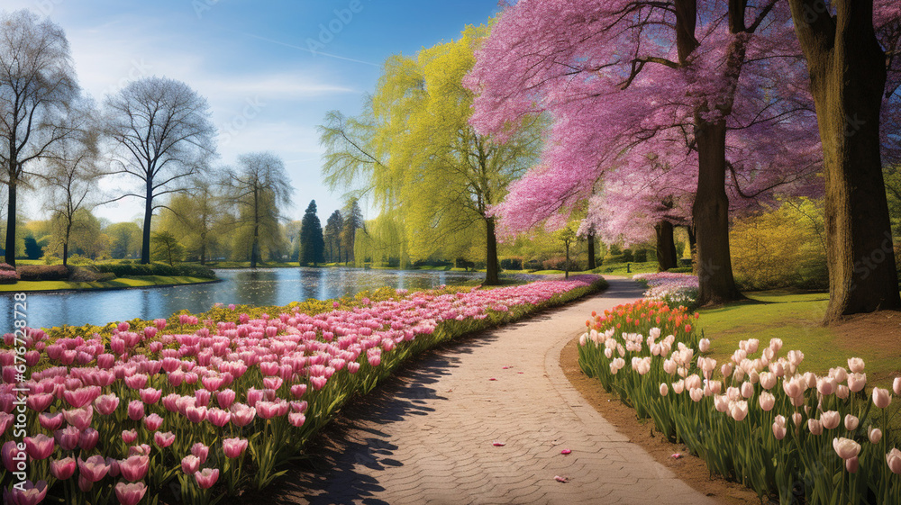 Amazing Panoramic View to Spring Flowers in the Park