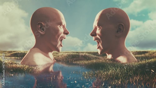 Two busts, male heads, screaming at each other, reflecting in water. Surreal modern art sculpture.Fantasy scenery. Anger,anxiety,madness, schizophrenia, quarrel concept. Symbolic image. Consciousness. photo
