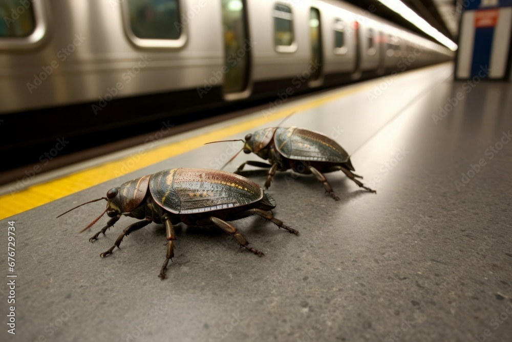 Clob Insect Clop bugs in subway station. Insect legs focus creature natural ...