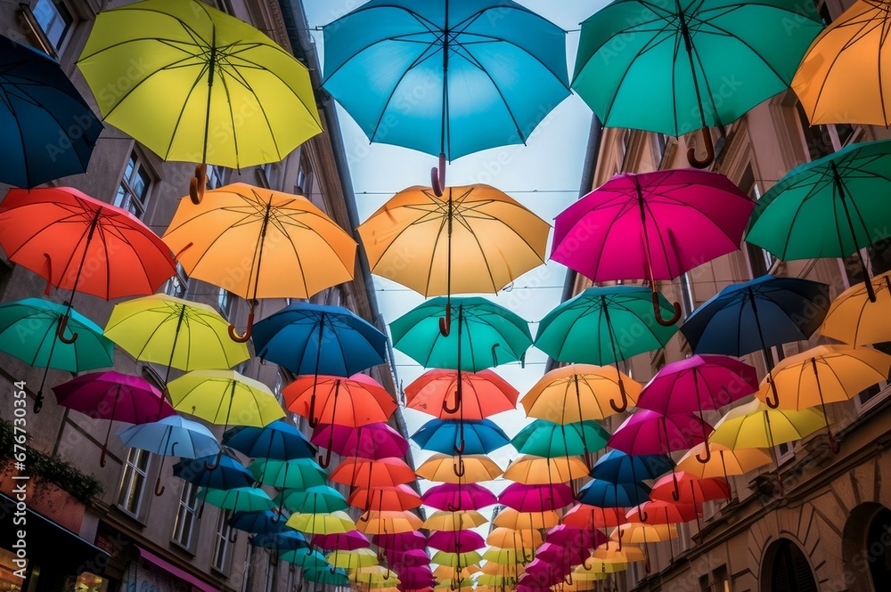 Colorful umbrella city street fashion. Travel protection vibrant artistic season. Generate Ai