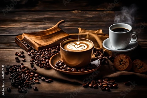 One cup of aroma cappuccino on round marble table, heart shaped latte-art and brown background. Brown sugar and sweets on wooden plate.  