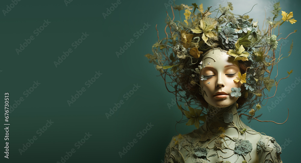 Portrait of a woman, plant growing like hair, green tedril leaves, connect to nature, consciousness and spirit
 - obrazy, fototapety, plakaty 